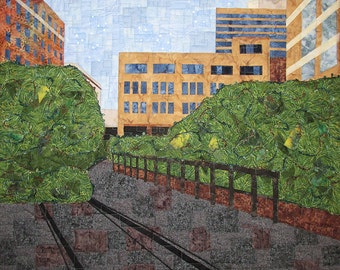 Large Landscape Art Quilt, Fabric Wall Hanging, Fiber Art, High Line in New York City