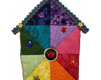 Small Rainbow Art Quilt, Multi Colored Wall Hanging, Fabric Birdhouse