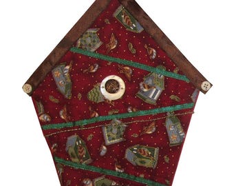 Small Art Quilt, Wall Hanging, Fabric Birdhouse, Red Birdhouses