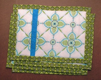 Handmade Blue and Green Quilted Placemats, Kaleidoscope Table Mats