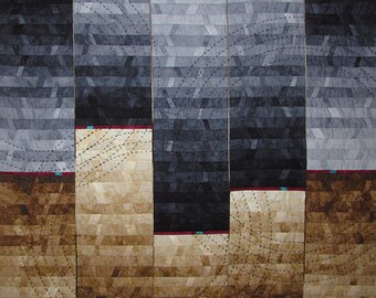 Large Abstract Art Quilt, Brown Gray Fiber Art Wall Hanging, Hand Stitched