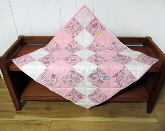 Pink Baby Quilt, Rabbit Nursery Bedding, Handmade Toddler Blanket, Shower Gift