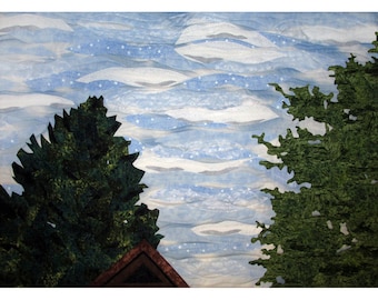 Large Landscape Art Quilt, Fabric Wall Hanging, Fiber Art, Sky, The View From My Hammock