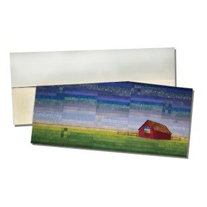 May include: A red barn with a brown roof sits in a field of green grass under a blue and white sky with stars. The sky is made up of many small squares of color.