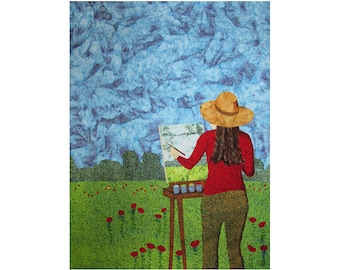 Plein Air Painter Art Quilt, Landscape Fiber Art Wall Hanging (19x25.5)