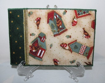 Quilted Postcard, Fabric Postcard, Mini Art Quilt, Bird Houses on Cream, Christmas