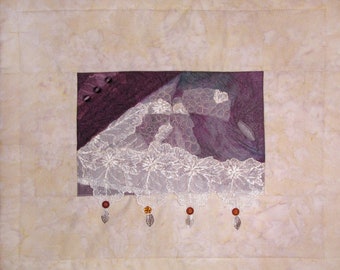 Small Art Quilt, Fabric Wall Hanging, Contemporary Fiber Art, Abstract, Purple, Lace, Lichen