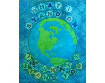 Environmental Art Quilt, Earth Wall Hanging, Save the Planet Fabric Art