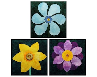 Small Flower Art Quilts, Floral Fabric Wall Hanging, Fiber Art, Daffodil, Periwinkle