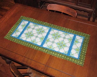 Handmade Blue and Green Quilted Table Runner, Kaleidoscope Table Topper