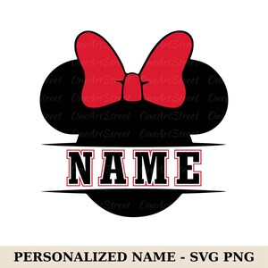 May include: A black and red graphic design featuring a mouse silhouette with a red bow and the word "NAME" in bold, black letters with a red outline. The design is for a personalized name.