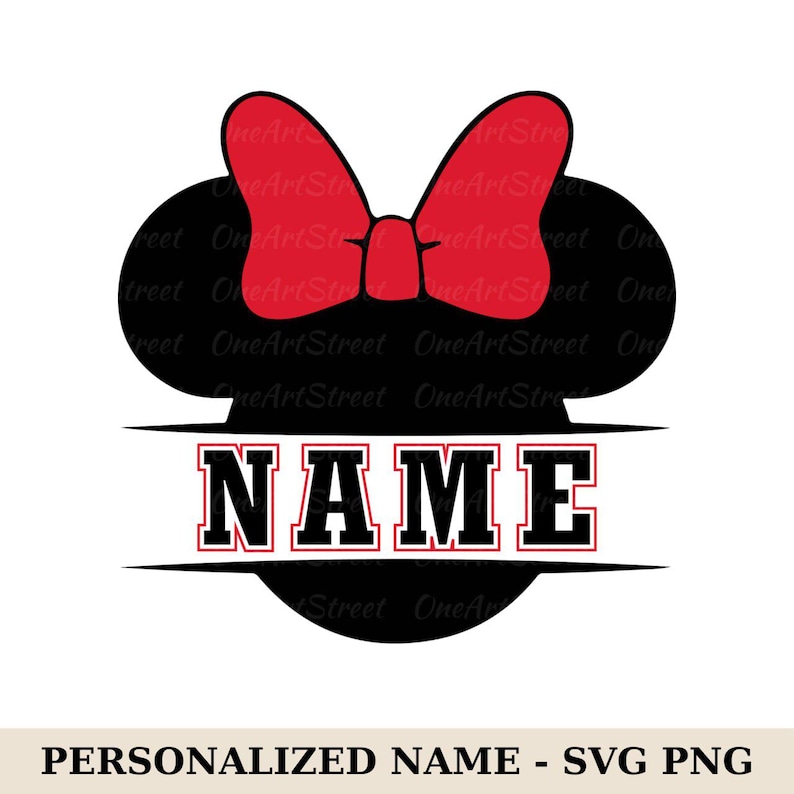 May include: A black and red graphic design featuring a mouse silhouette with a red bow and the word "NAME" in bold, black letters with a red outline. The design is for a personalized name.