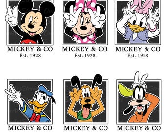 ミッキーと仲間たちのSVG PNGバンドル、ヴィンテージディズニーキャラクターのクリップアート、レトロなミッキー、ミニー、ドナルド、グーフィー、プルートのデジタルダウンロード