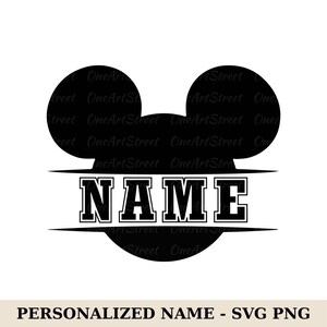 May include: Black silhouette of a mouse head with the word "NAME" in bold, block letters. The design includes horizontal lines above and below the text. The phrase "PERSONALIZED NAME - SVG PNG" is at the bottom.