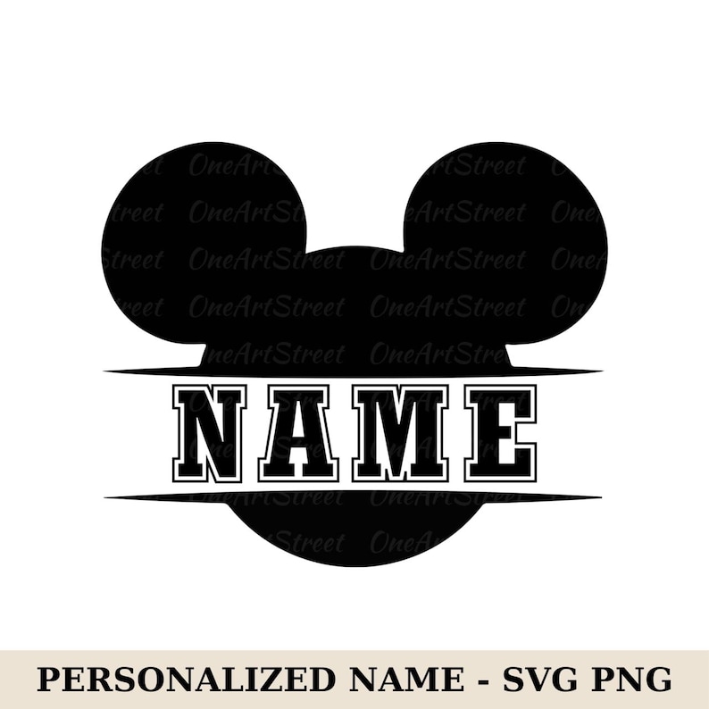 May include: Black silhouette of a mouse head with the word "NAME" in bold, block letters. The design includes horizontal lines above and below the text. The phrase "PERSONALIZED NAME - SVG PNG" is at the bottom.