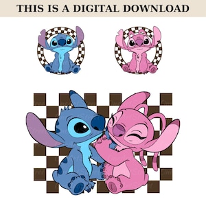 Stitch and Angel PNG Bundle, Stitch SVG Cute Blue  Pink Alien Clipart, Checkerboard Background, Sublimation Design, Instant Digital Download
