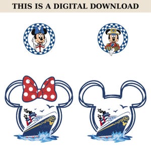 May include: Two digital images of Mickey Mouse and Minnie Mouse. The images are in a circle with a blue and white checkered background. Mickey Mouse is wearing a captain's hat and uniform. Minnie Mouse is wearing a red and white polka dot bow. The images are for digital download.