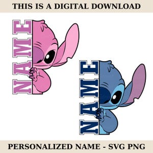 Puede incluir: Descarga digital con dos personajes de dibujos animados, uno rosa y otro azul, cada uno sosteniendo un letrero vertical que dice "NAME". También está presente el texto "THIS IS A DIGITAL DOWNLOAD" y "PERSONALIZED NAME - SVG PNG".