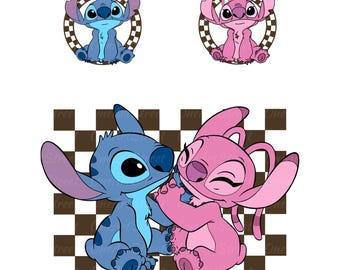 Imágenes prediseñadas de Stitch y Angel, PNG de alienígena azul y rosa, paquete SVG (descarga digital)