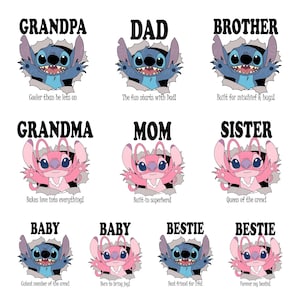 Pode incluir: Um gráfico branco com nove personagens de desenhos animados emergindo de um efeito de papel rasgado. Os personagens são azuis e rosa, com texto acima e abaixo de cada um, incluindo "Avô", "Pai", "Irmão", "Avó", "Mãe", "Irmã", "Bebê" e "Melhor amigo".
