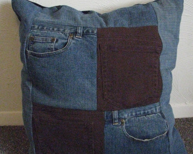 Upcycled Denim Throw Pillow With Pockets Jean Patchwork Etsy