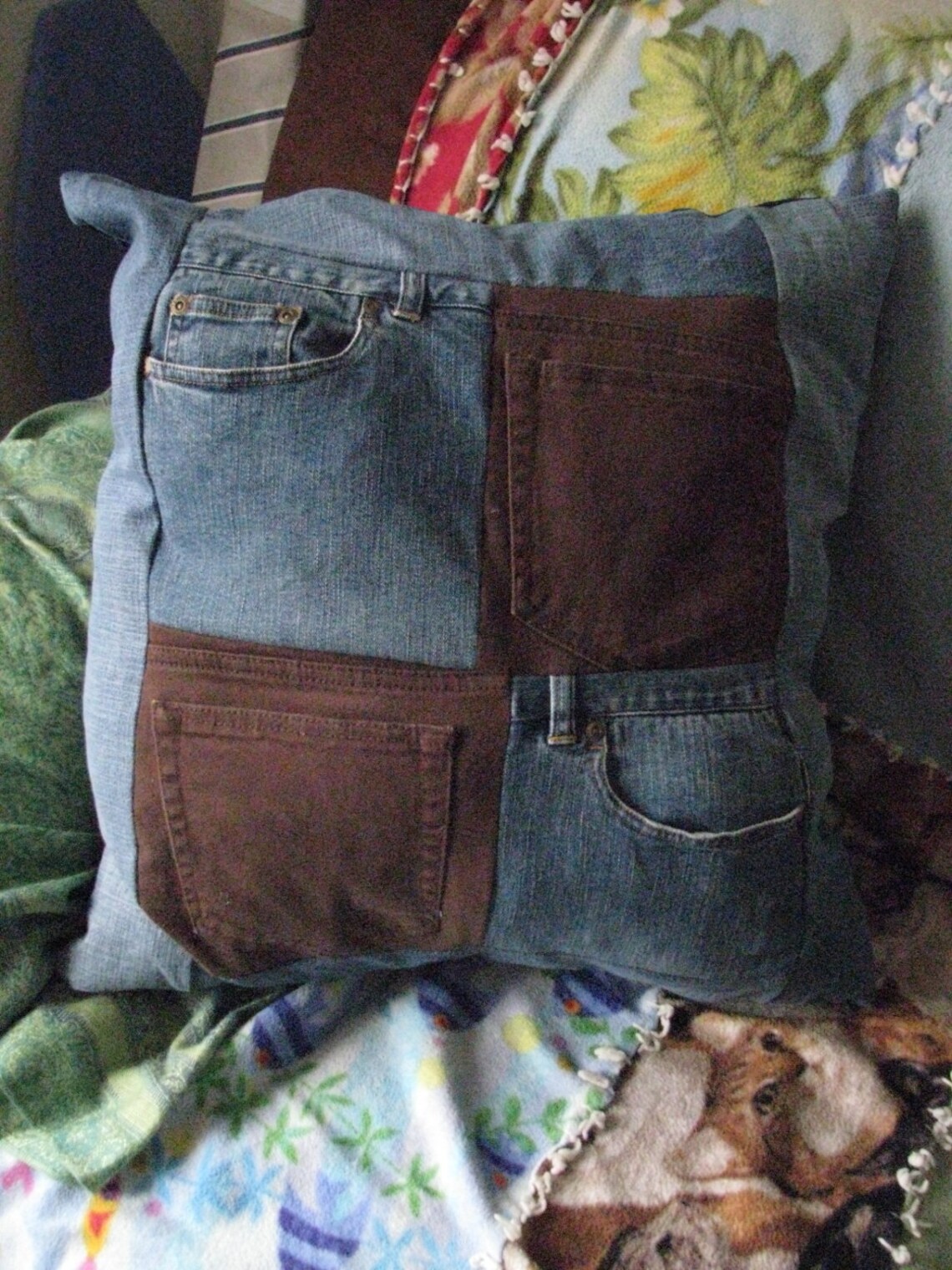 Upcycled Denim Throw Pillow With Pockets Jean Patchwork Etsy