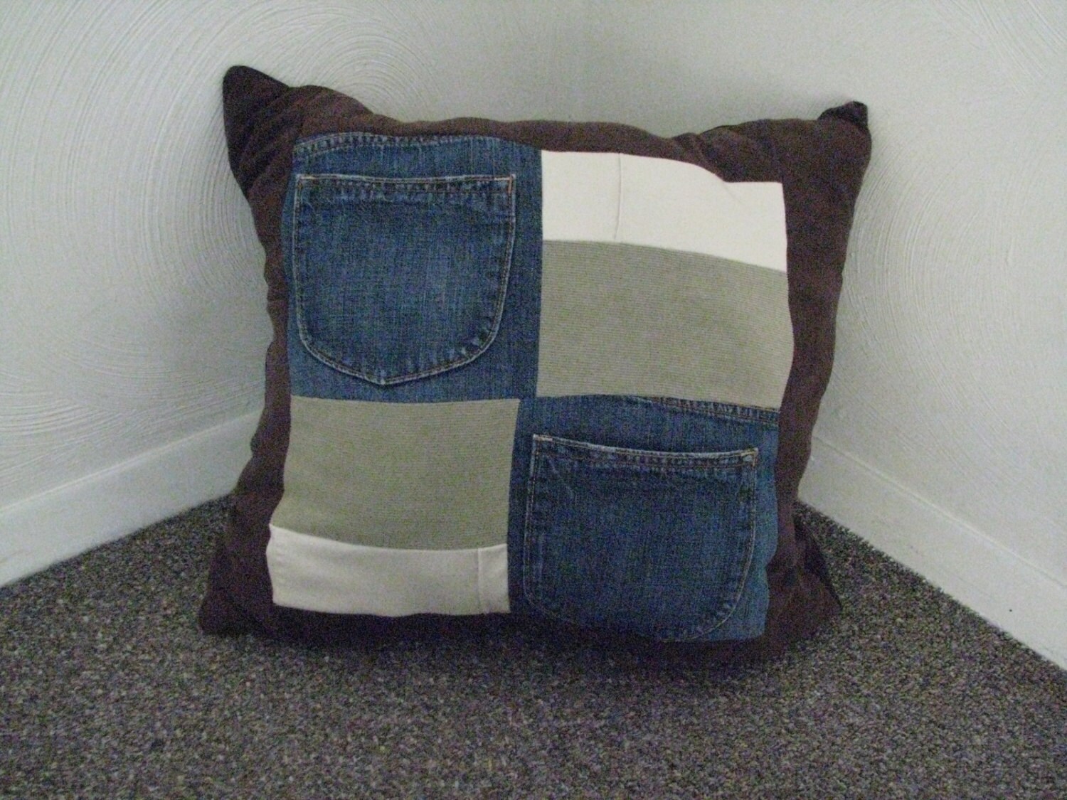 Upcycled Denim Throw Pillow With Pockets Jean Patchwork Etsy