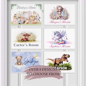 May include: A selection of children's room signs with different designs. The signs display illustrations of animals, a unicorn, a dinosaur, and a girl with a rainbow. Each sign has a name on it, such as "Bailey's Room" and "Jackson".