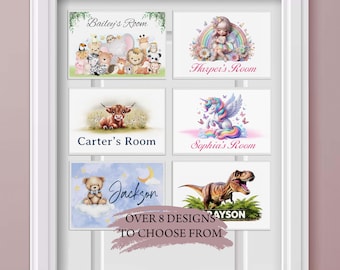 May include: A collection of children's room signs with various designs. The signs feature illustrations of animals, a unicorn, a dinosaur, and a girl with a rainbow. Each sign has a name on it, such as "Bailey's Room" and "Jackson".