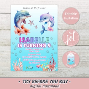 Dolphin Birthday Party Invitation Template, Editable Under The Sea Invite, Magical Party Gift, Personalised Instant Digital Download