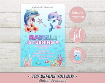 Dolphin Birthday Party Invitation Template, Editable Under The Sea Invite, Magical Party Gift, Personalised Instant Digital Download