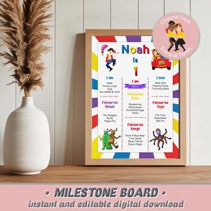 Tablero de hitos de Wiggles, letrero personalizado para fiesta de cumpleaños, póster de hitos editable, tablero de cumpleaños de Wiggles, descarga digital