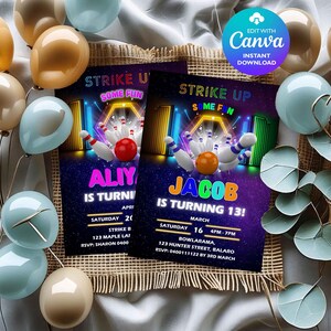 Convite personalizado para boliche, convite infantil com boliche neon, festa com luzes de arco-íris, decoração de aniversário para menino e menina.