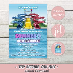 Waterpark Birthday Invitation, Personalised Fun Pool Party Invite, Summer Splash Park Birthday Template,  Kids Editable Instant Download