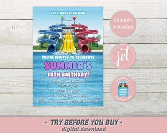 Waterpark Birthday Invitation, Personalised Fun Pool Party Invite, Summer Splash Park Birthday Template,  Kids Editable Instant Download
