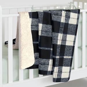 Navy Blue Flannel Plaid Sherpa Fleece Blanket, Cozy Winter Throw, Soft and Warm Blanket