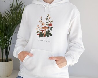 Vintage Mushroom Botanical Hoodie | Wildflower Illustration Sweatshirt | Earth Tones Nature-Inspired Pullover