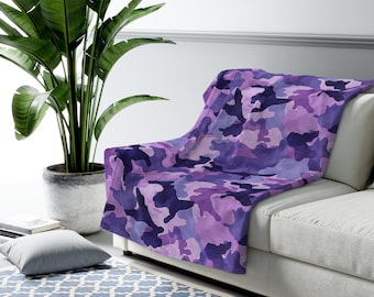 Sherpa Fleece Blanket Camouflage Blanket, Purple Camo Military Inspired Throw, Unique Home Decor Accent Piece