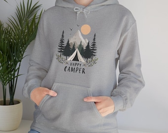 Happy Camper Mountain Scene Hoodie | camping nature pine trees sun