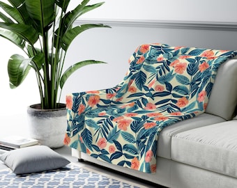 Sherpa Fleece Blanket Tropical Flower and Leaves Blanket, Botanical Nature-Inspired Home Decor, Floral Bedding, Exotic Designs Throw Blanket