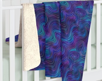 Manta Sherpa con remolinos azules y morados / Patrón de ondas psicodélicas