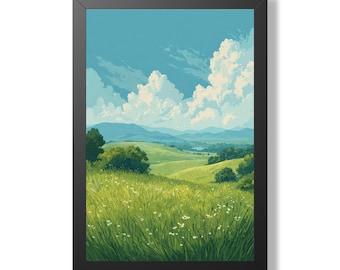 Sunny Meadow Landscape Framed Poster | Scenic Countryside Wall Art
