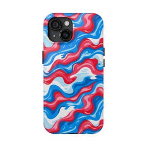 Custodia per telefono resistente, custodia per telefono con design ondulato astratto dei cartoni animati, rosso vivace, bianco, blu, custodia per telefono colorata e fluente, custodia per telefono di ispirazione americana