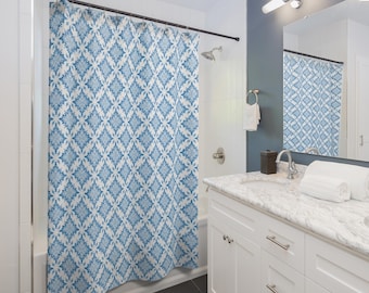 Blue Shibori Tile Pattern Shower Curtain | Watercolor Indigo Geometric Bathroom Decor