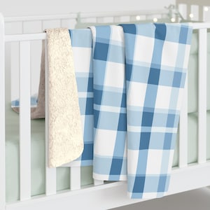 Light Blue Flannel Plaid Pattern Sherpa Fleece Blanket, Soft Cozy Throw for Winter