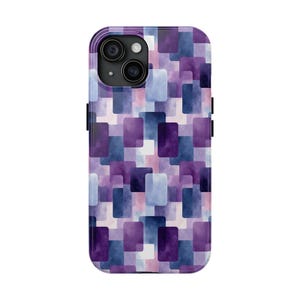 May include: A smartphone case with a geometric pattern of overlapping rectangles in shades of purple, blue, and white. The case has a glossy finish and a camera cutout.