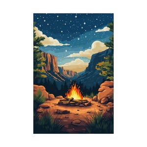 Póster de paisaje natural de fogata en plena naturaleza, arte de parques nacionales para amantes de las actividades al aire libre y los viajes, cielo estrellado