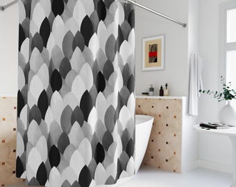 Monochrome Scallop Pattern Shower Curtain | Black White Gray Bathroom Decor