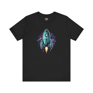 Unisex Jersey Tee Blue & Purple Rocket Ship T-Shirt, Space Design Tee, Astronaut Theme, Unisex Galaxy Print Top