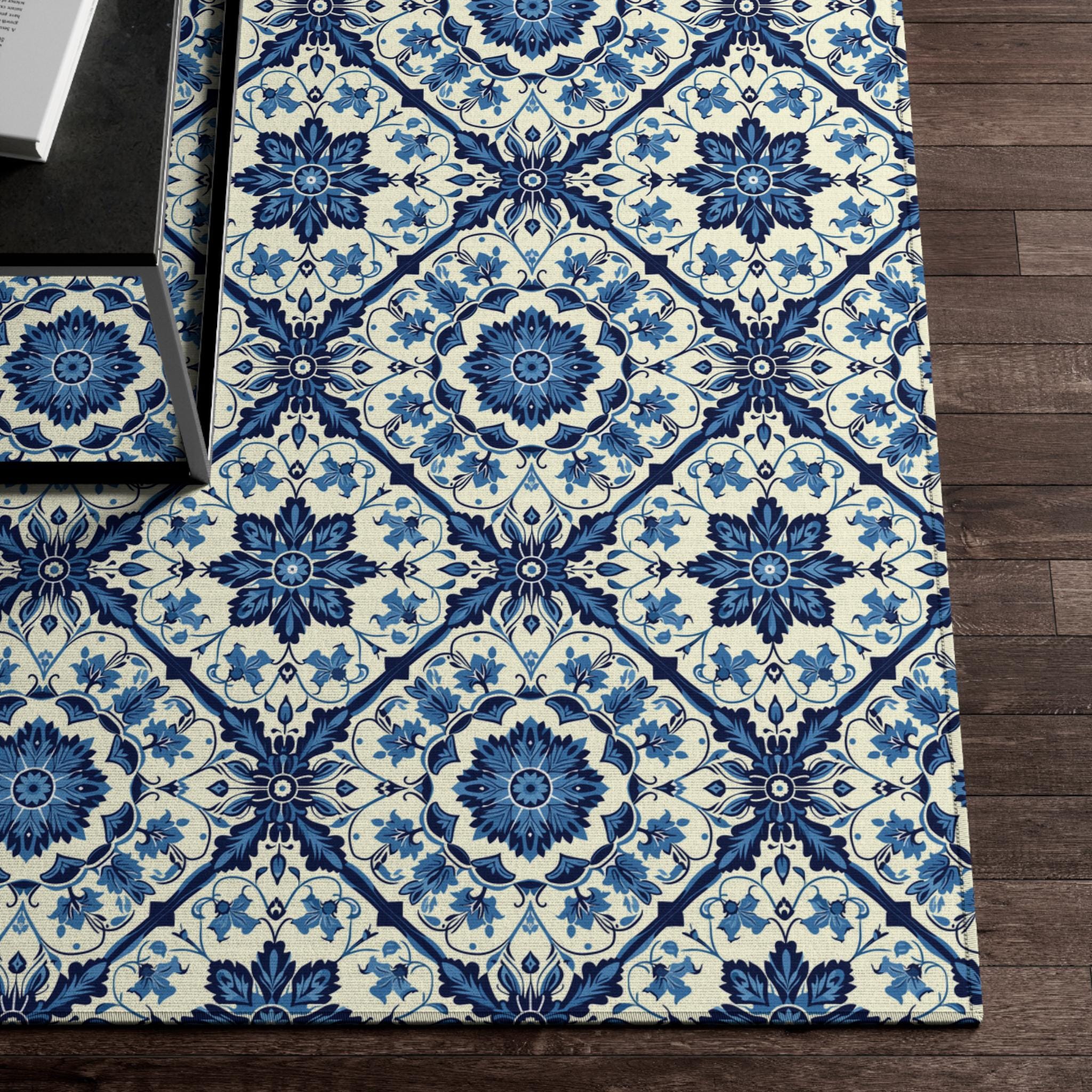 Blue Persian Geometric Floral Rug – Traditional Oriental Carpet, Luxury Home Decor, Vintage Style Floor Mat